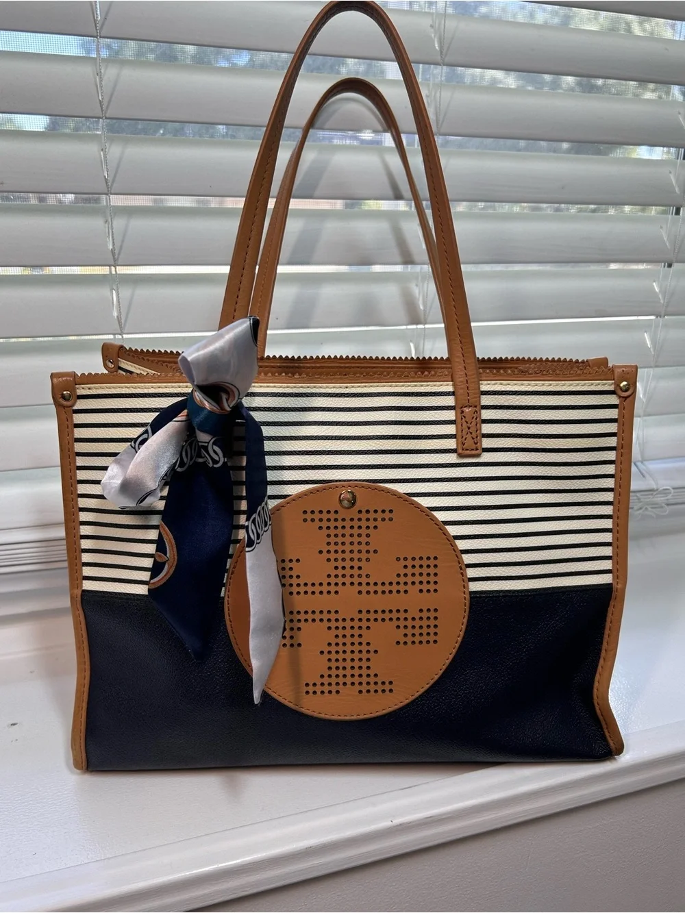 Tory Burch Ella Viva Leather Tote in the distinctive Navy Stripes & Shine design